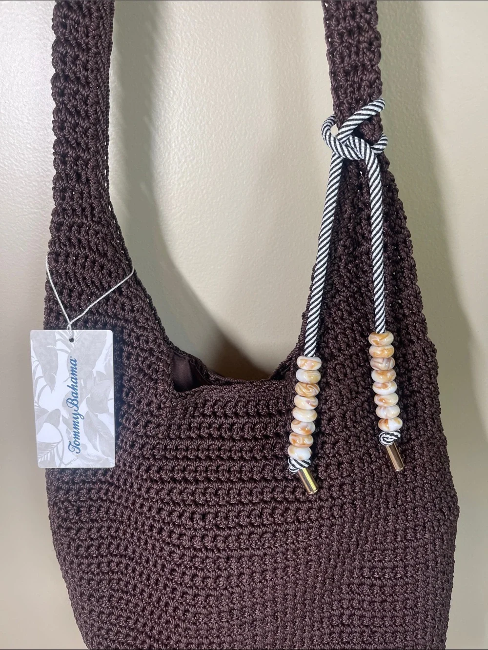 Tommy Bahama Dark Brown Crochet Shoulder Bag with Beaded accent charm - Picture 2 of 9